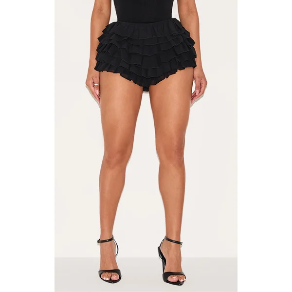 Shape Black Chiffon Ruffle Low Rise Hot Pants
