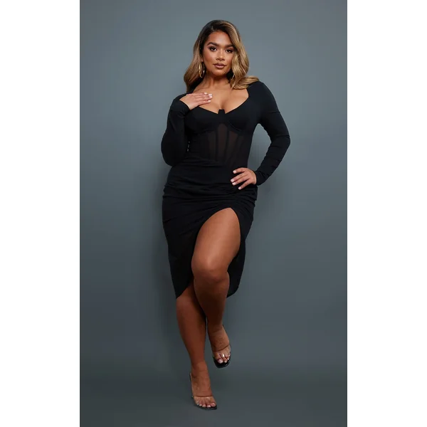 Shape Black Corset Detail Long Sleeve Ruched Midi Dress