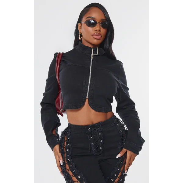 Shape Black Denim Lace Up Back Long Sleeve Jacket