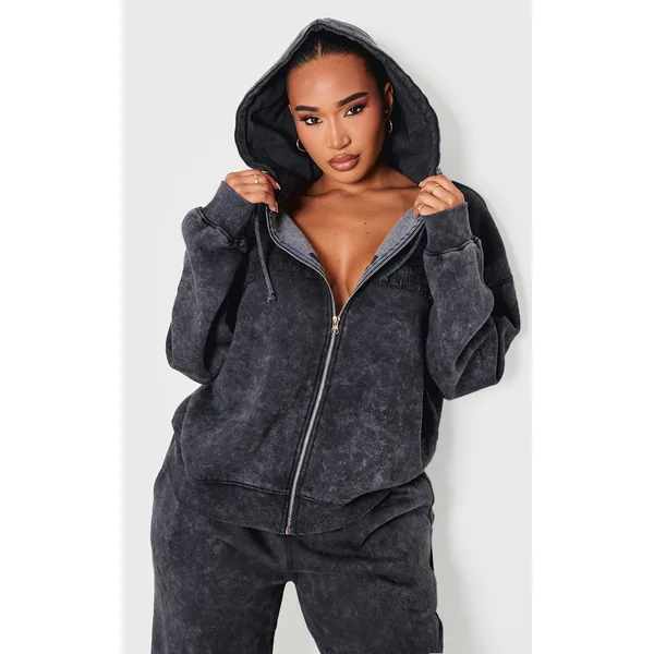 Shape Black Embroidery Washed Zip Through Hoodie