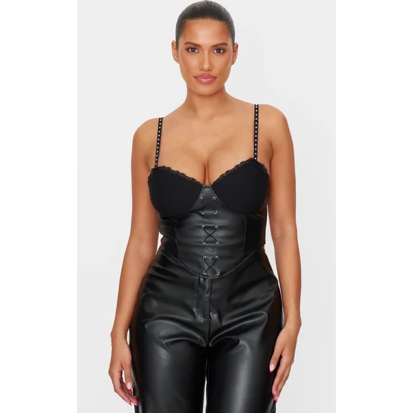Shape Black Faux Leather Lace Insert Corset Top