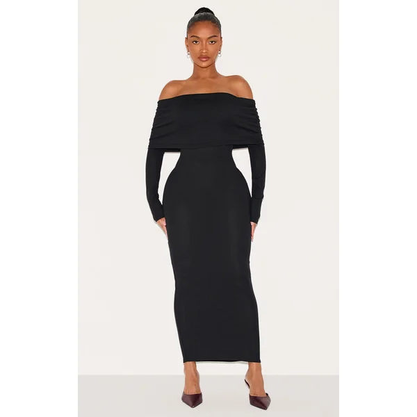 Shape Black Fold Over Bardot Rib Maxi Dress