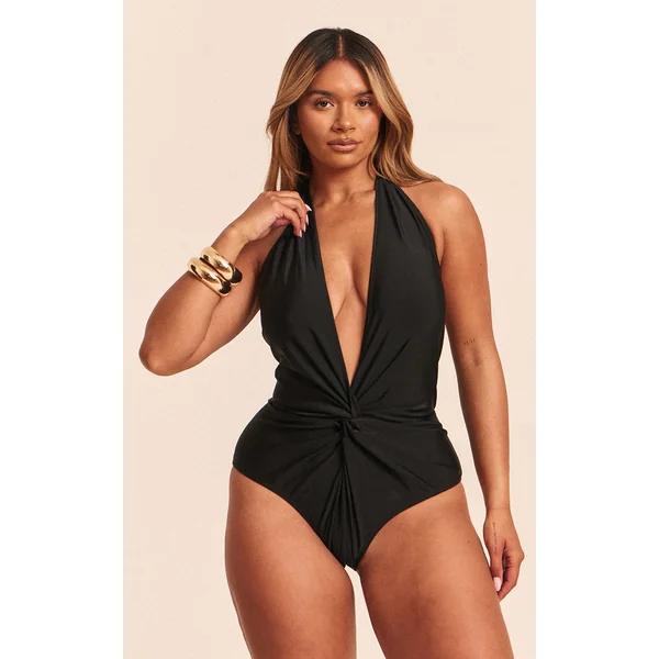 Shape Black Halter Neck Deep Plunge Twist Swimsuit
