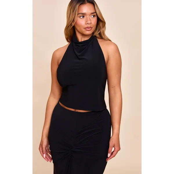 Shape Black Halter Neck Tie Back Gold Trim Cowl Top