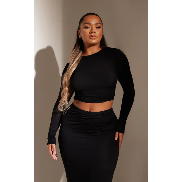 Shape Black Jersey Long Sleeve Ruched Side Crop Top