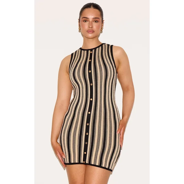 Shape Black Knitted Striped Button Front Mini Dress