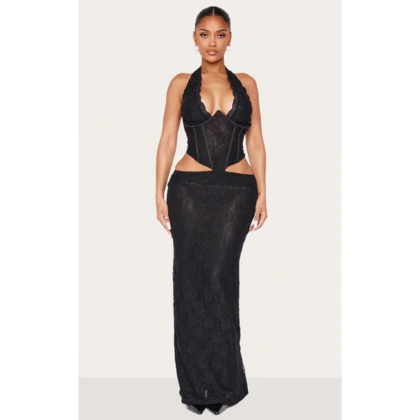 Shape Black Lace Halter Neck Plunge Corset Maxi Dress