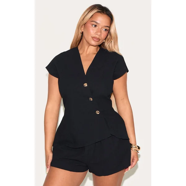 Shape Black Linen Look Asymetrical Gold Hammered Button Adjustable Back Vest