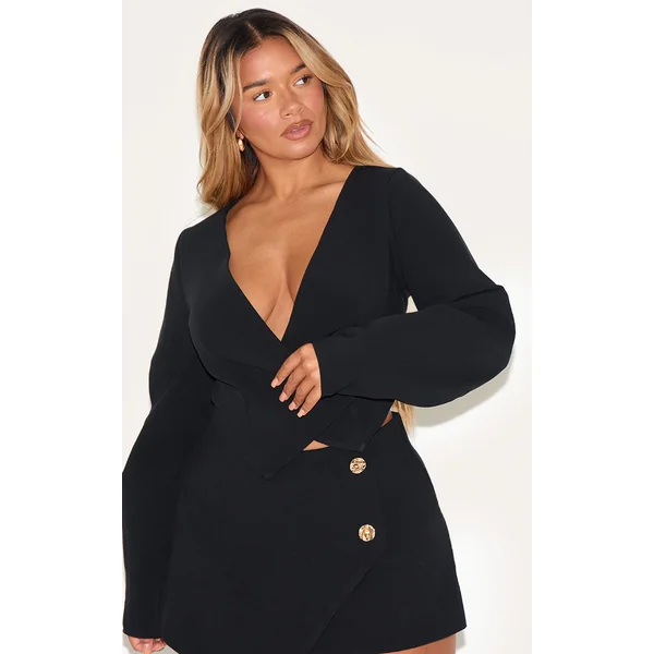 Shape Black Linen Look Asymmetrical Hammered Button Blazer