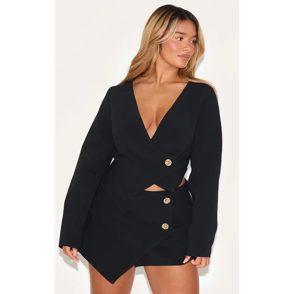 Shape Black Linen Look Asymmetrical Hammered Button Skort