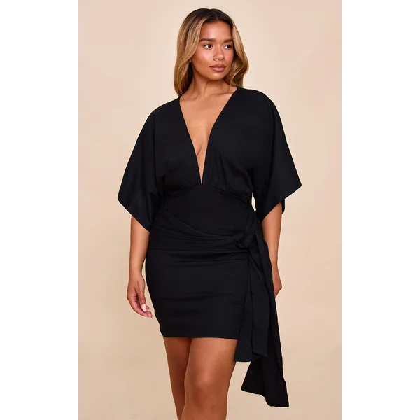 Shape Black Linen Plunge Front Batwing Wrap Tie Waist Mini Dress