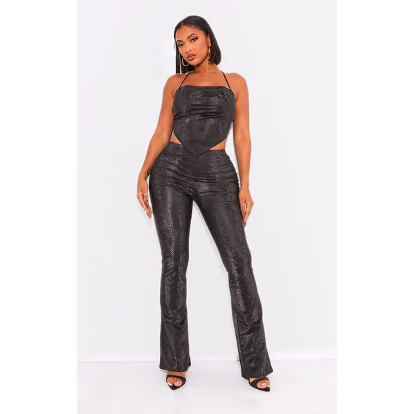 Shape Black Matte Faux Leather Snake Flare Pants
