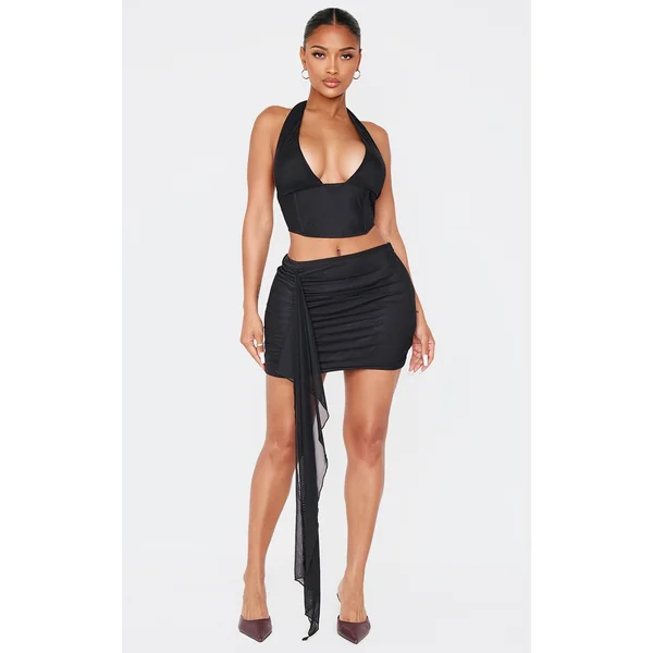 Shape Black Mesh Low Rise Drape Side Mini Skirt