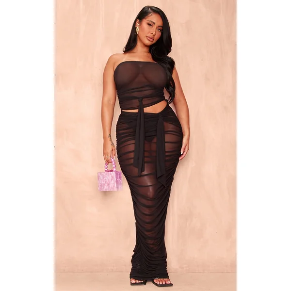 Shape Black Mesh Ruched Cut Out Maxi Dress