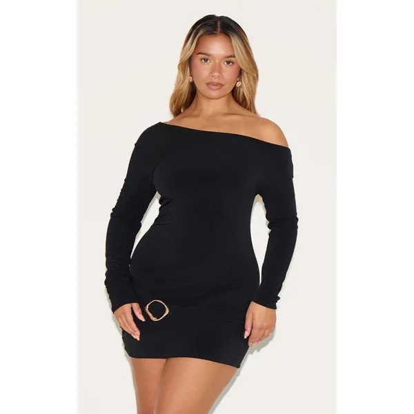 Shape Black Off Shoulder Long Sleeve Gold Trim Mini Dress