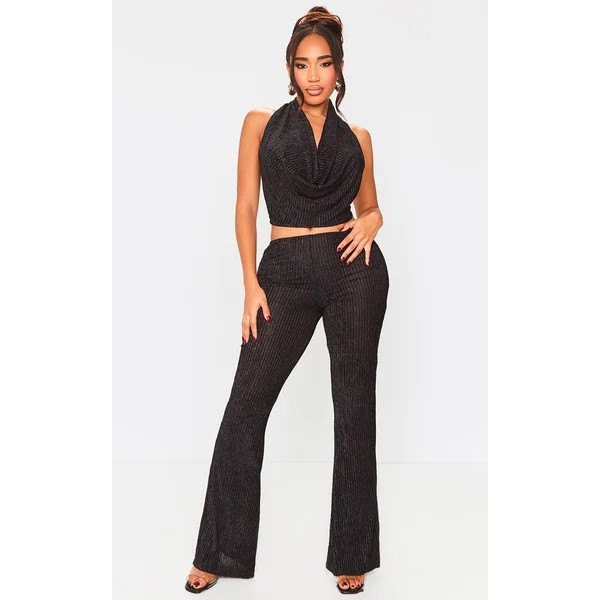 Shape Black Plisse Glitter High Waist Wide Leg Pants