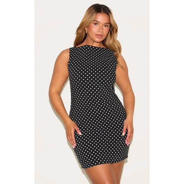 Shape Black Polka Dot Boat Neck Ruched Side Mini Dress