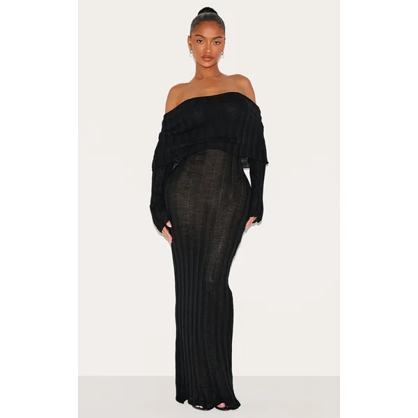 Shape Black Rib Bardot Long Sleeve Maxi Dress