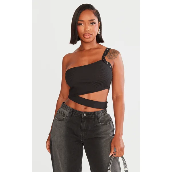 Shape Black Rib Cut Out Studded Strap Crop Top