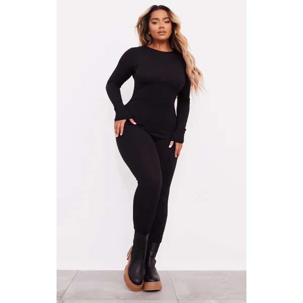 Shape Black Rib Underbust Detail Long Sleeve Jumpsuit