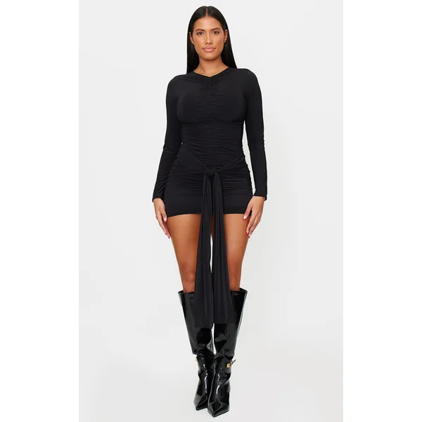 Shape Black Ruched Wrap Tie Front Mini Dress