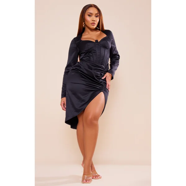 Shape Black Satin Corset Detail Long Sleeve Ruched Midi Dress