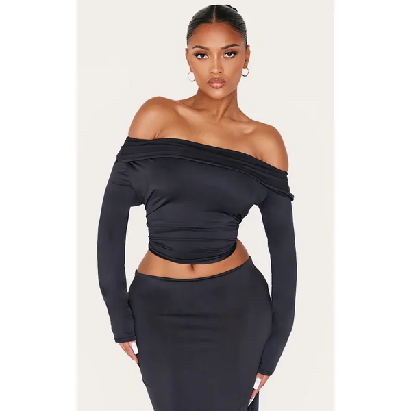 Shape Black Sculpt Fold Over Bardot Long Sleeve Top