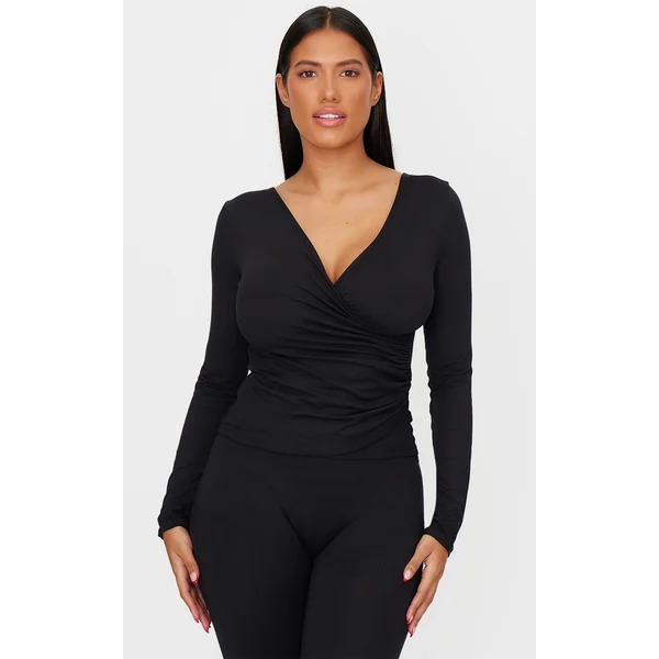 Shape Black Sculpt Long Sleeve Wrap Front Top