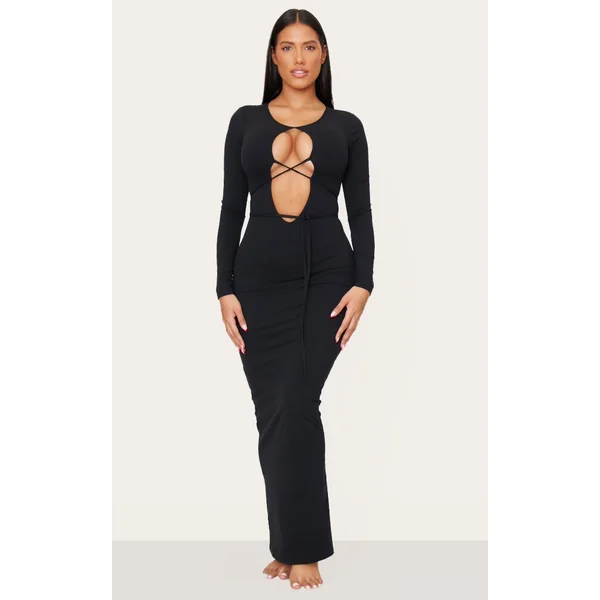 Shape Black Sculpt Plunge Front Strappy Waist Long Sleeve Maxi Dress