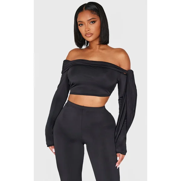 Shape Black Sculpt Wrap Bardot Long Sleeve Top