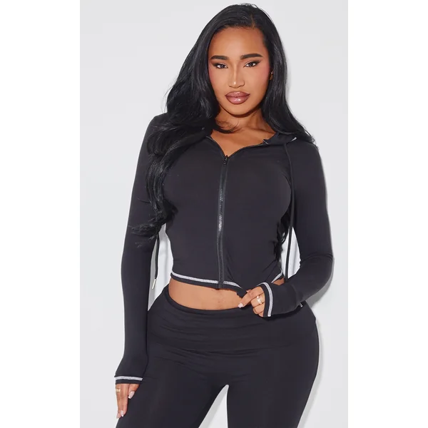 Shape Black Sculpted Contrast Stitch Zip Through Hoodie