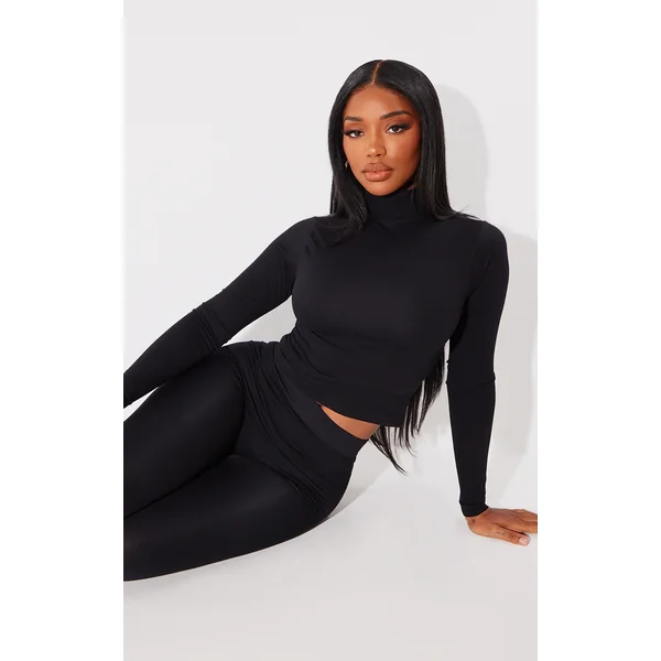 Shape Black Sculpted High Neck Long Sleeve Top
