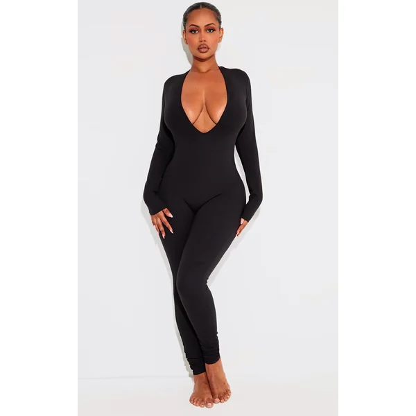 Shape Black Sculpted Long Sleeve Plunge Front Jumpsuit