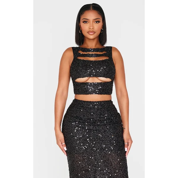 Shape Black Sequin Cut Out Top
