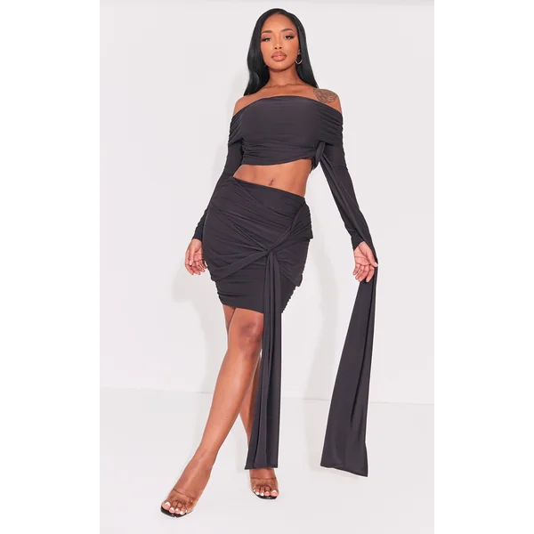 Shape Black Slinky Knoted Detail Ruched Mini Skirt