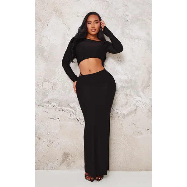 Shape Black Slinky Long Sleeve Cut Out Strap Detail Maxi Dress