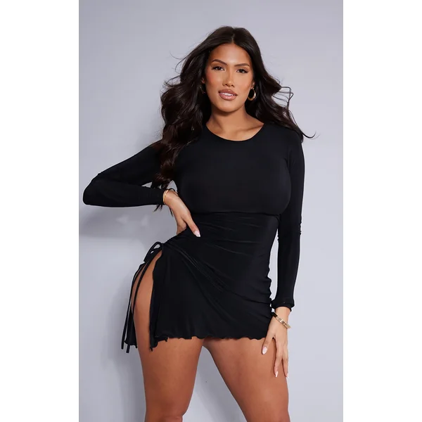 Shape Black Slinky Long Sleeve Ruched Side Frill Hem Bodycon Dress