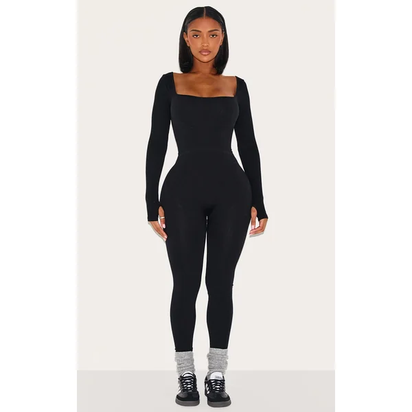 Shape Black Snatched Rib Square Neck Thumb Hole Jumpsuit