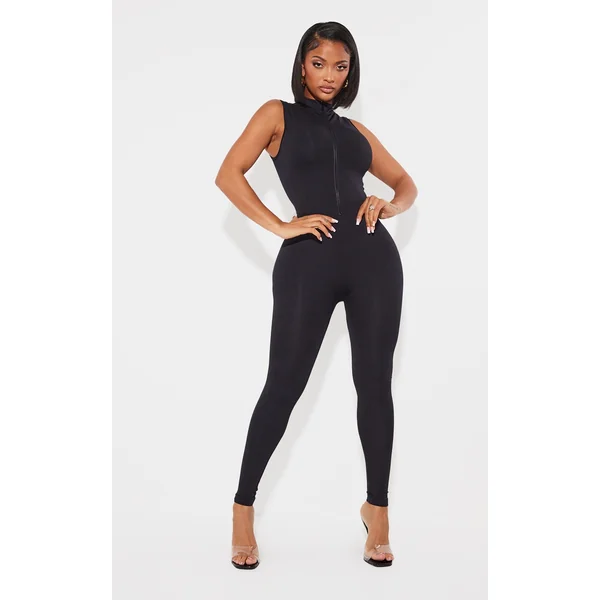 Shape Black Stretch Seamless Zip Front Sleeveless Jumpsuit