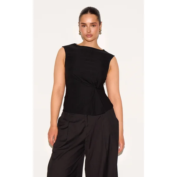 Shape Black Stretch Woven Boat Neck Pleated Peplum Top
