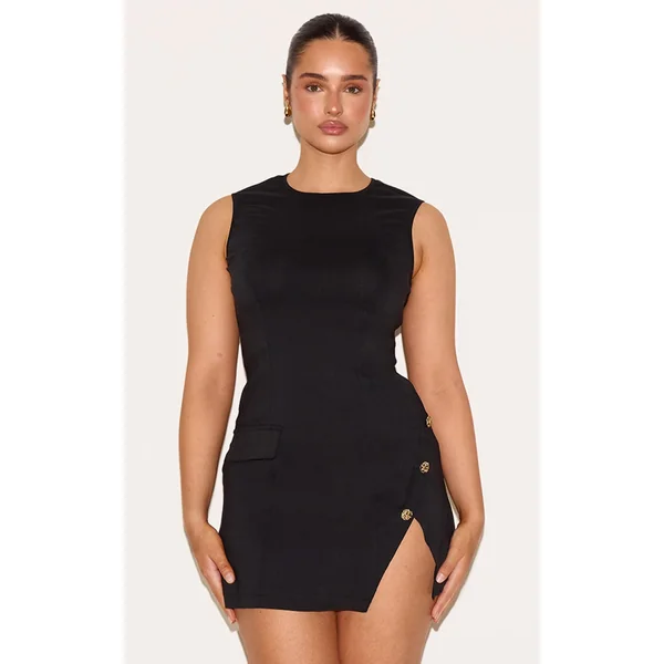 Shape Black Stretch Woven Boat Neck Side Split Hammered Button Mini Dress