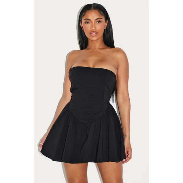 Shape Black Stretch Woven Dipped Waist Mini Skater Dress