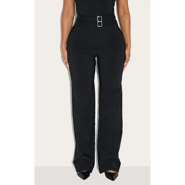Shape Black Stretch Woven Double Buckle Straight Leg Pants