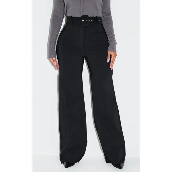 Shape Black Stretch Woven High Waisted Belted Wide Leg Pants