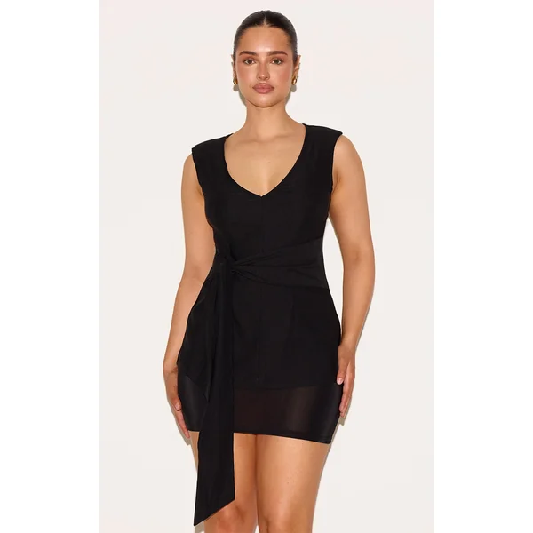 Shape Black Stretch Woven Plunge Front Belted Long Line Top