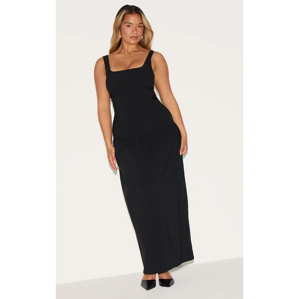 Shape Black Stretch Woven Square Neck Dropped Hem Maxi Shift Dress