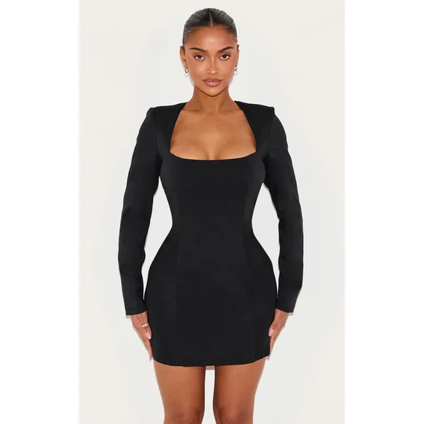 Shape Black Stretch Woven Square Neck Long Sleeve Ruched Waist Mini Dress