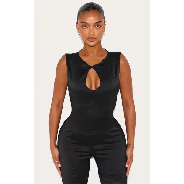 Shape Black Stretch Woven Twist Neck Detail Keyhole Top