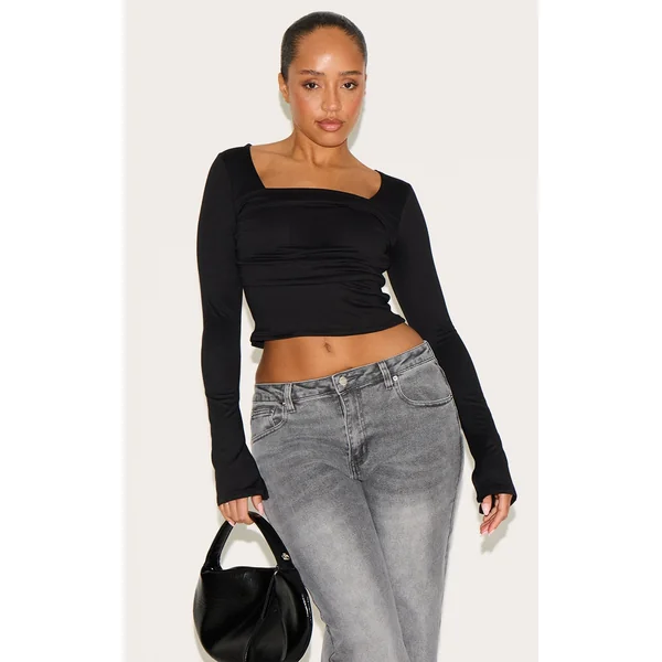 Shape Black Super Soft Scoop Neck Ruched Bust Long Sleeve Top