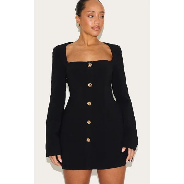 Shape Black Tailored Square Neck Hammered Button Mini Dress